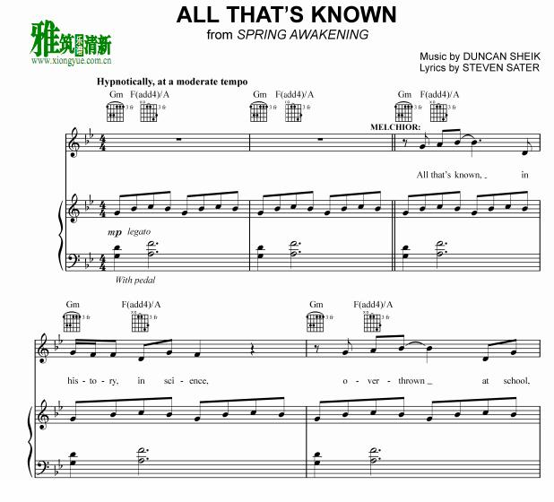 百老汇 春之觉醒 - All That's Known钢琴伴奏谱