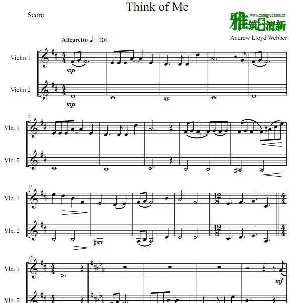 歌剧魅影 Think of Me双小提琴重奏谱