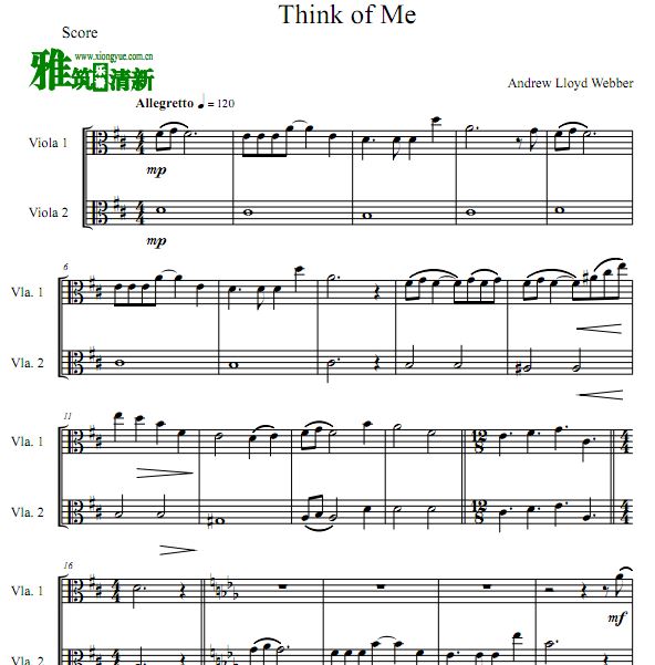 歌剧魅影 Think of Me双中提琴重奏谱