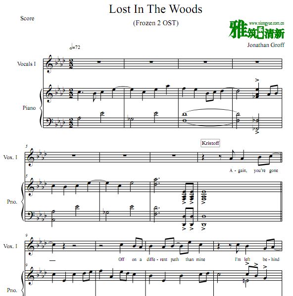 Jonathan Groff领唱 冰雪奇缘2 Lost In The Woods 二声部声乐谱钢琴伴奏谱