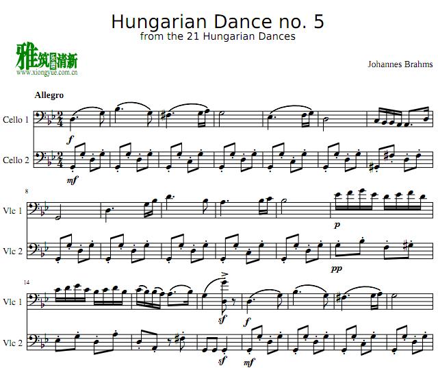 Brahms Hungarian Dance No. 5 大提琴二重奏谱