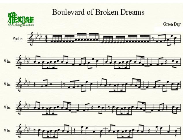 Green Day - Boulevard of Broken Dreams 小提琴谱