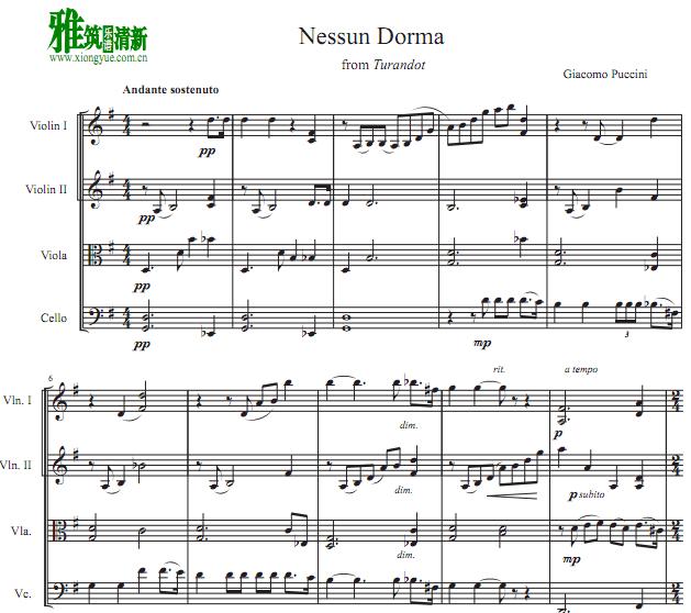 今夜无人入眠Nessun Dorma 弦乐四重奏谱