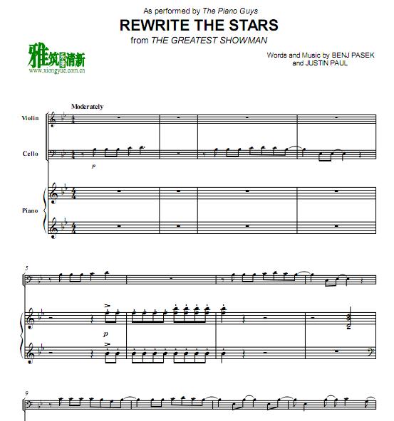 THE PIANO GUYS版Rewrite the Stars小提琴大提琴钢琴谱