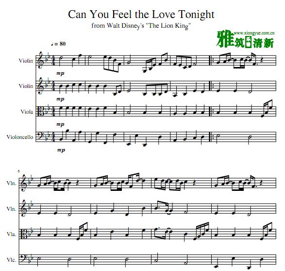 Can You Feel the Love Tonight 狮子王主题曲弦乐四重奏谱
