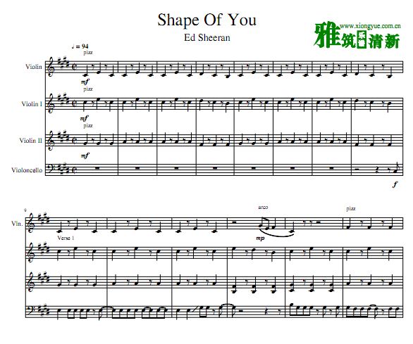 shape of you 弦乐四重奏谱