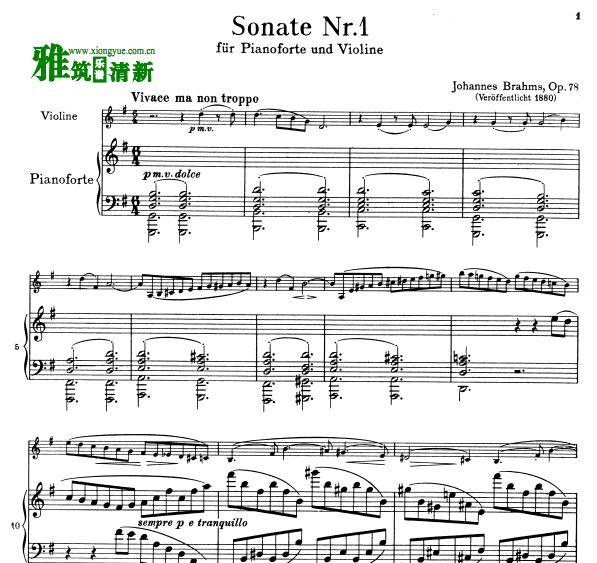 勃拉姆斯 G大调第一小提琴奏鸣曲Op78小提琴钢伴谱