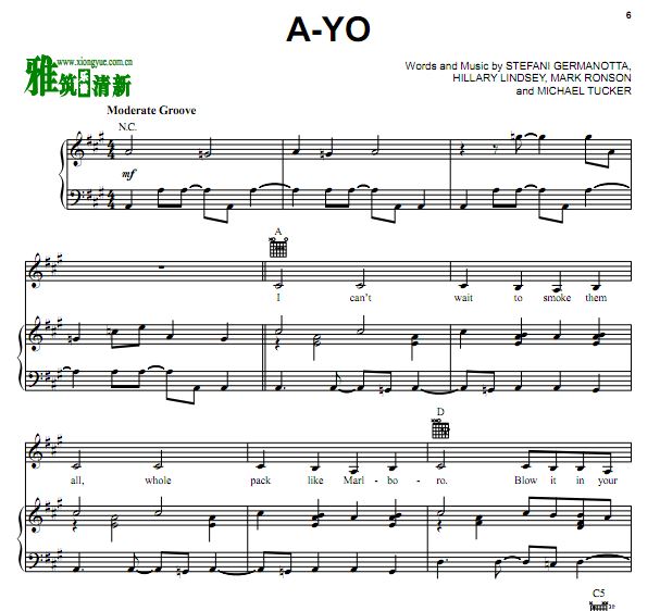 Lady Gaga - A-Yo 钢琴伴奏谱