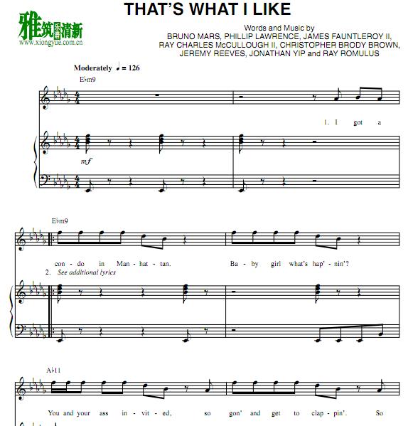 bruno mars - That's What I Like钢琴伴奏谱