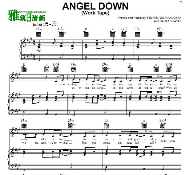 Lady Gaga - Angel Down 伴奏钢琴谱
