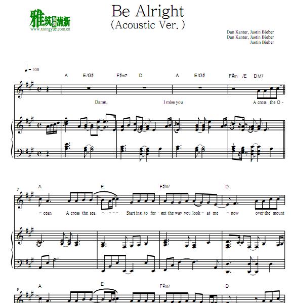 Justin Bieber-Be Alright (Acoustic Ver)钢琴伴奏谱