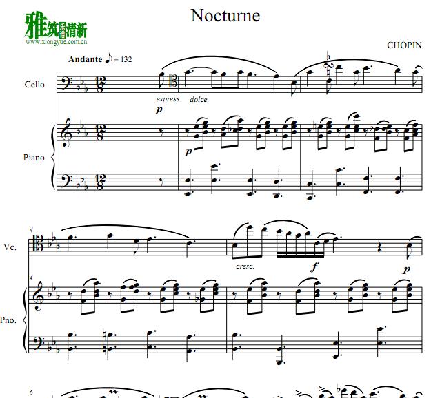 肖邦夜曲Nocturne No.2 in E flat, Op.9 No.2大提琴钢琴伴奏谱