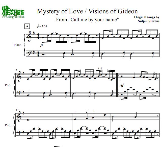  请以你的名字呼唤我Mystery of Love - Visions of Gideon钢琴谱