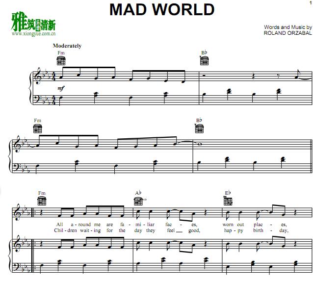 Adam Lambert - Mad World钢琴谱
