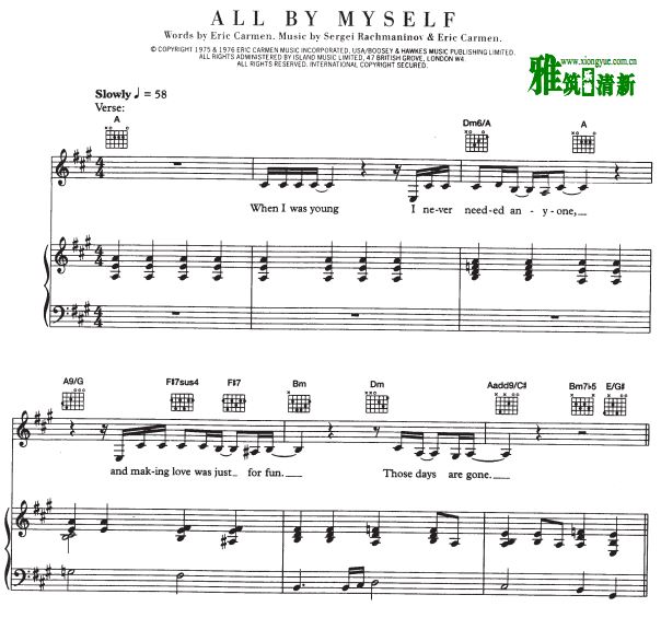 Celine Dion - All by Myself 弹唱钢琴伴奏谱