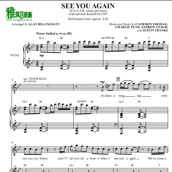 see you again 四声部satb合唱谱