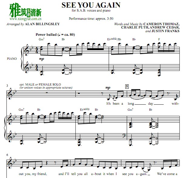 see you again 三声部合唱钢琴伴奏谱 sab