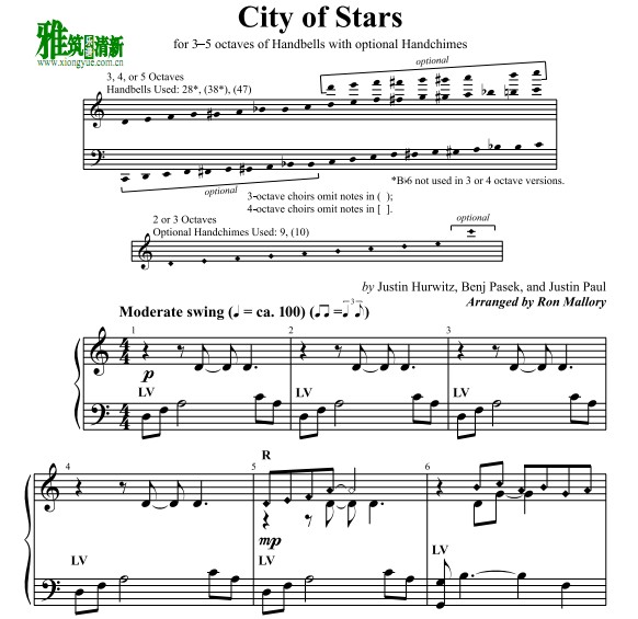 打击乐谱 手铃谱 爱乐之城city of stars手铃谱