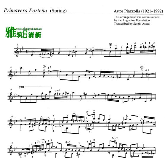 皮亚佐拉 四季组曲古典吉他谱