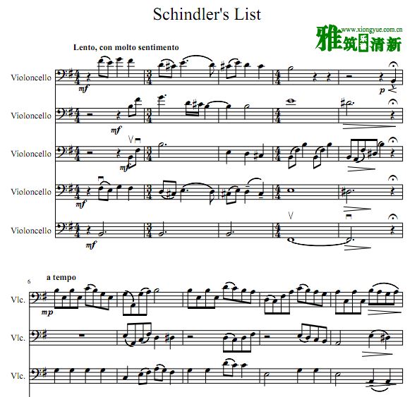 辛德勒名单主题曲大提琴五重奏谱