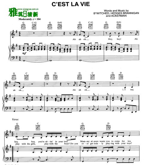 BWitched魔法精灵 C'est la vie伴奏钢琴谱