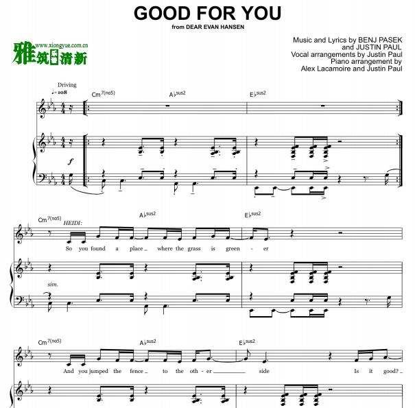 音乐剧致埃文·汉森 GOOD FOR YOU声乐钢琴伴奏谱