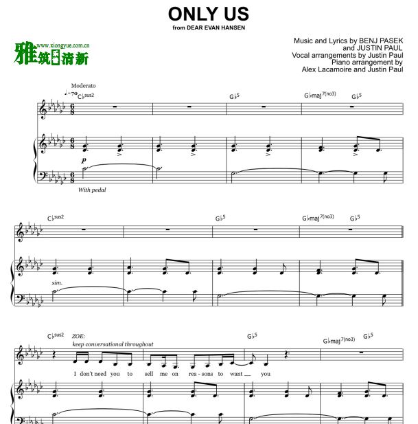 Dear Evan Hansen致埃文汉森 ONLY US声乐钢伴谱