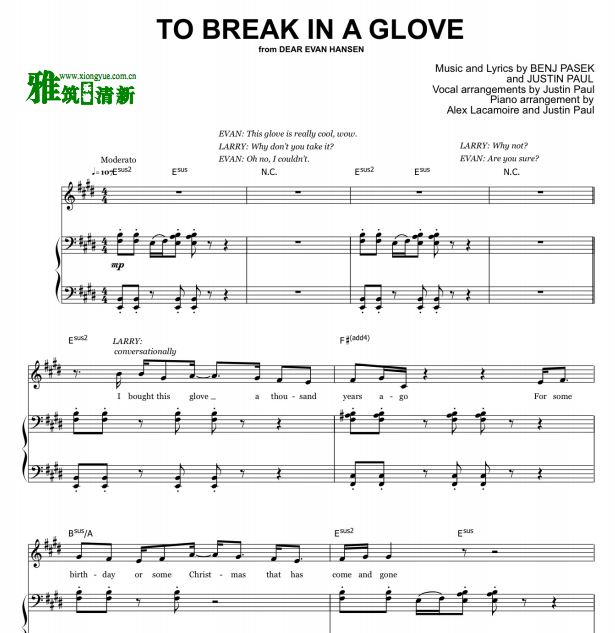 致埃文汉森 TO BREAK IN A GLOVE钢琴伴奏谱