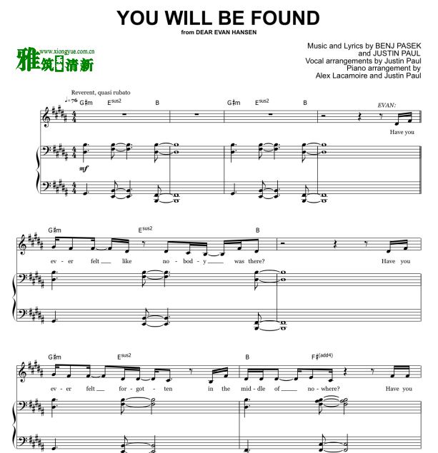 Dear Evan Hansen 致埃文汉森 YOU WILL BE FOUND钢琴伴奏谱