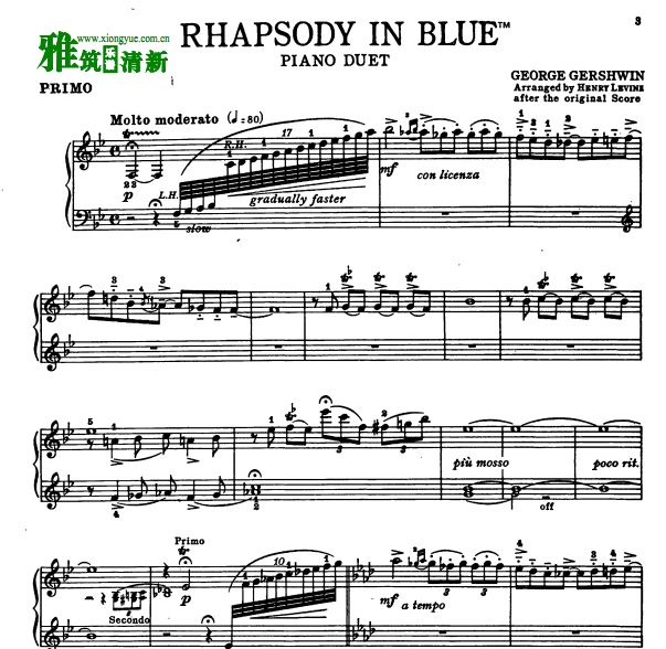 格什温 Gershwin蓝色猜想曲钢琴四手联弹谱