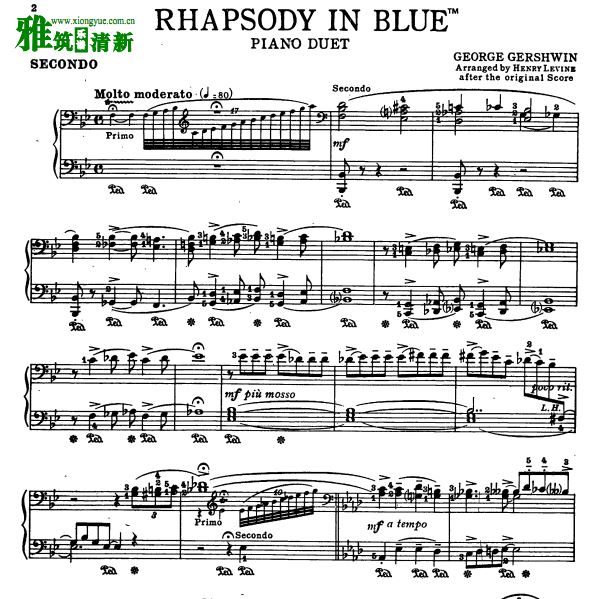 格什温 Gershwin蓝色猜想曲四手联弹钢琴谱