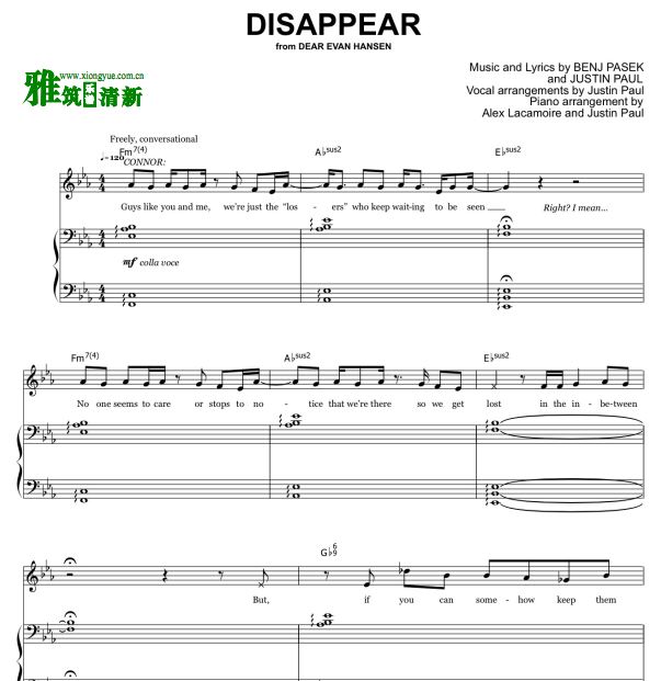 Dear Evan Hansen - DISAPPEAR钢琴伴奏谱