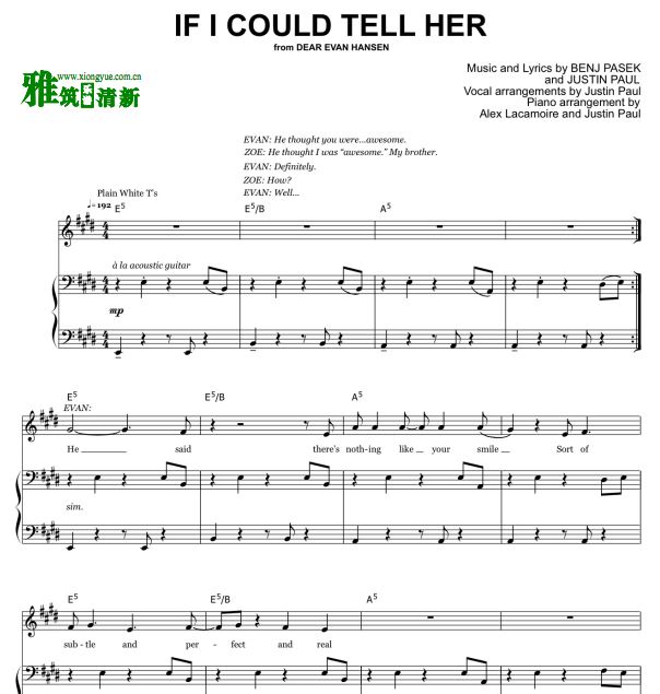 致埃文汉森 IF I COULD TELL HER声乐谱钢琴伴奏谱
