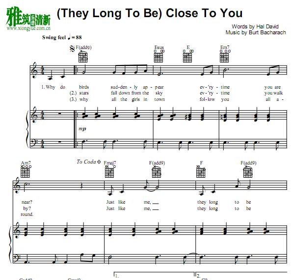 卡朋特 - Close to you C调 钢琴伴奏谱