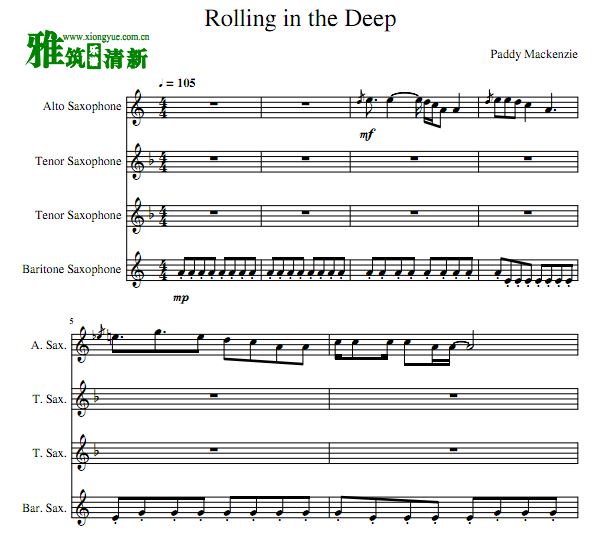 Rolling in the Deep  ATTB萨克斯四重奏谱