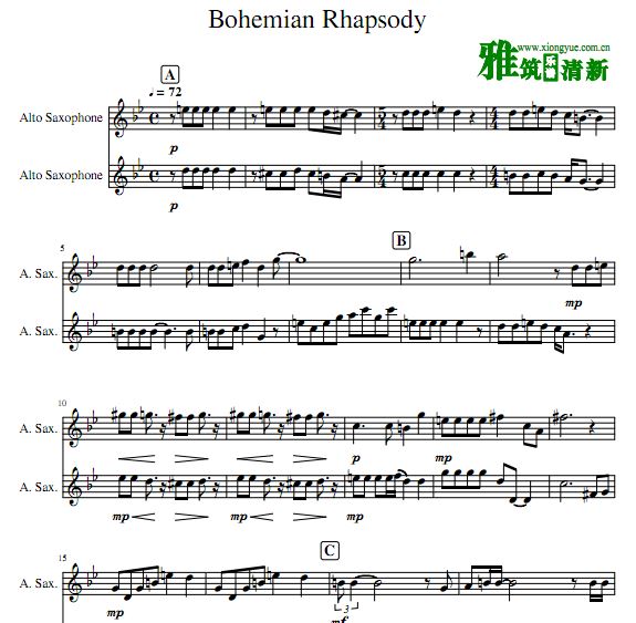 波西米亚狂想曲中音萨克斯二重奏谱