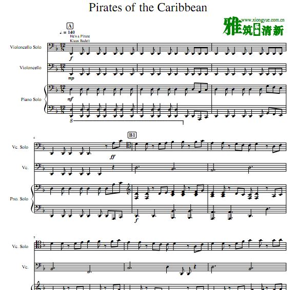 Pirates of the Caribbean 加勒比海盗双大提琴钢琴三重奏谱