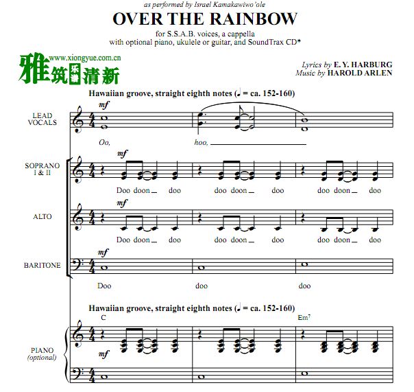 绿野仙踪 Over The Rainbow SSAB四声部合唱谱钢伴谱