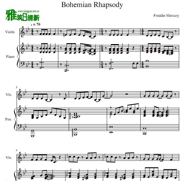 Bohemian Rhapsody 波西米亚狂想曲钢琴小提琴合奏谱
