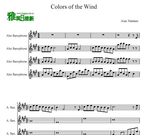 colors of the wind中音萨克斯四重奏谱