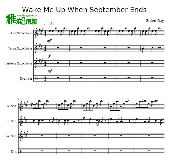 绿日乐队 Wake Me Up When September Ends萨克斯三重奏鼓伴奏谱
