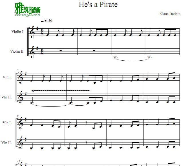 加勒比海盗he's a pirate 小提琴二重奏谱