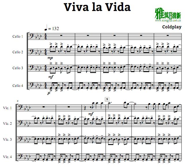 Viva la Vida大提琴四重奏谱