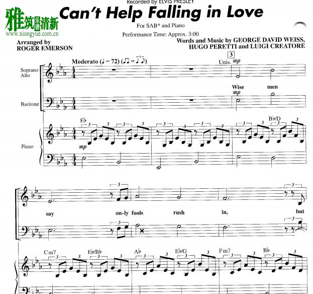 Can't help falling in love 三声部合唱钢琴伴奏谱