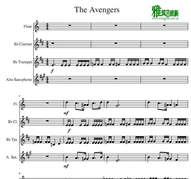 The Avengers长笛单簧管小号萨克斯四重奏谱