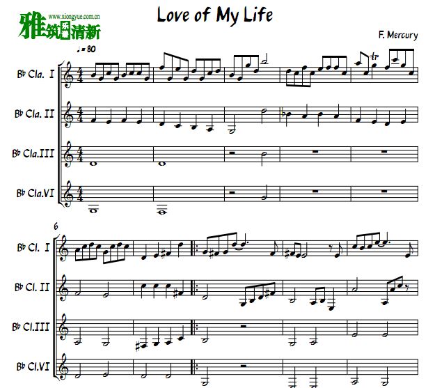Love of My Life单簧管四重奏总谱
