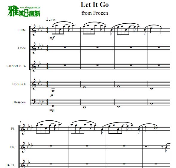 冰雪奇缘 let it go木管五重奏谱