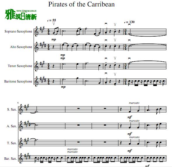 加勒比海盗Pirates of the Carribean萨克斯四重奏谱