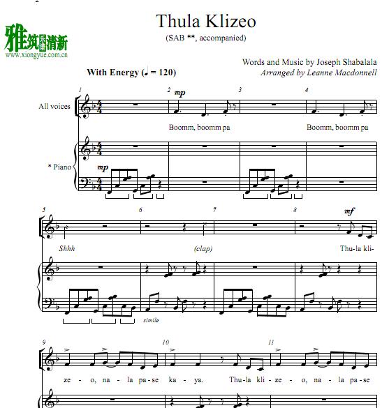 Thula Klizeo 三声部合唱钢琴伴奏谱