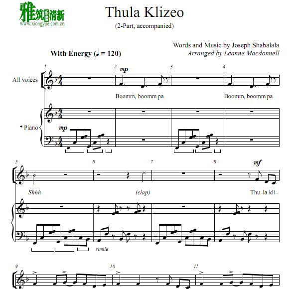Thula Klizeo 二声部合唱钢琴伴奏谱
